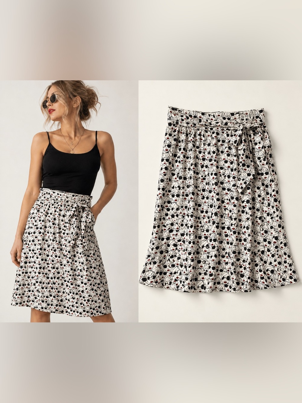 Anthropologie Porridge Graphic Face Print Paperbag Tie Waist Lined Midi Skirt